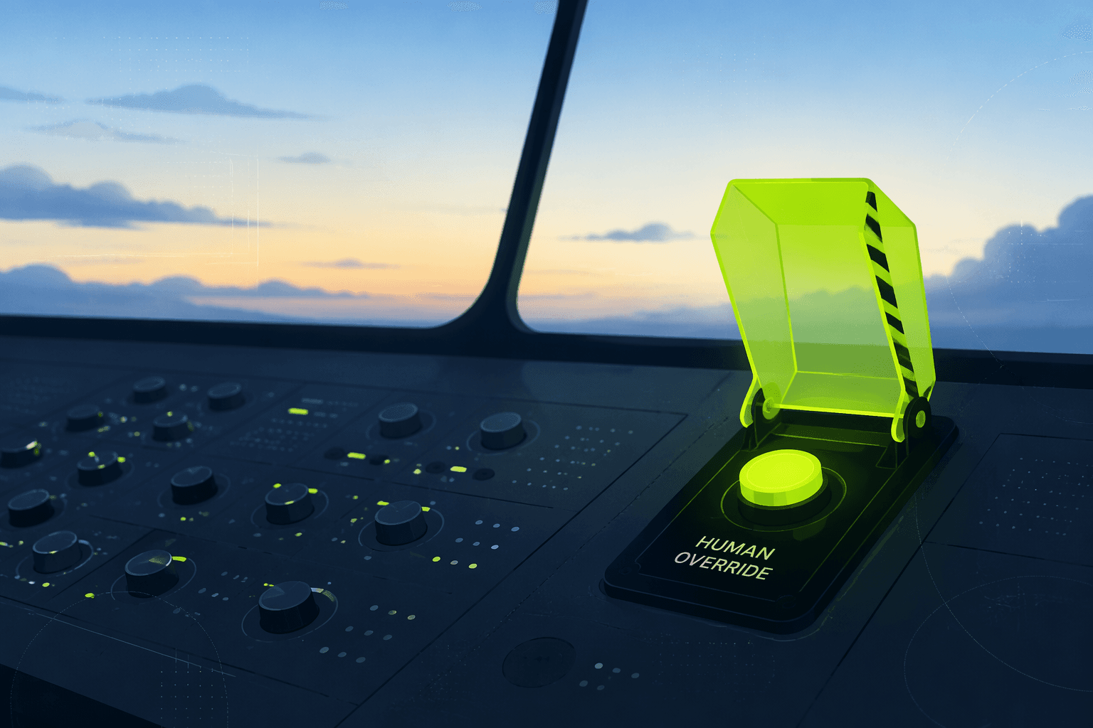 Cockpit-style control panel with one large illuminated switch guarded by a raised safety cover