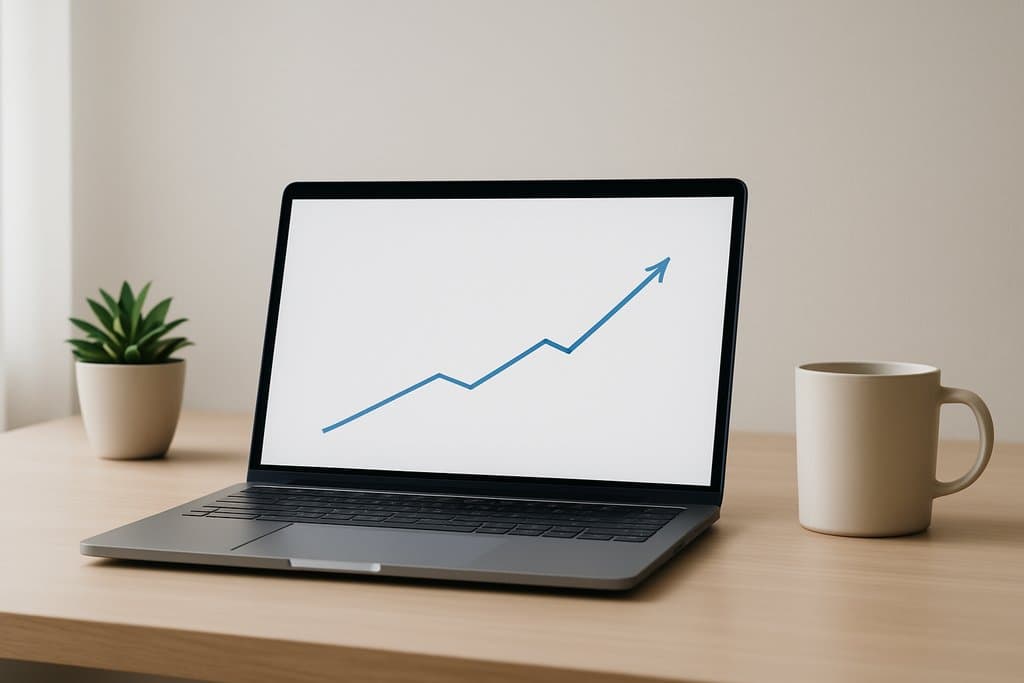 Minimalistisches Heldenbild eines aufgeräumten Arbeitsplatzes: ein schlankes Laptop auf einem hellen Holzschreibtisch zeigt eine einfache, aufwärts trendierende einzelne blaue Linie auf weißem Diagrammhintergrund ohne Achsenbeschriftungen, Zahlen oder Text; weiches natürliches Tageslicht, dezente Reflexionen auf dem Laptop, eine kleine Topfpflanze und eine schlichte Keramiktasse in der Nähe, viel Freiraum, neutrale Farbpalette, klare und aufgeräumte Komposition, nirgendwo Text oder Ziffern.