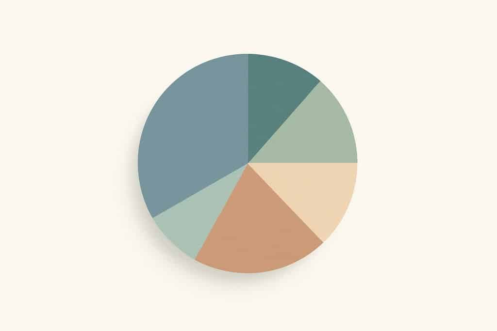 Eine klare, minimalistische Illustration eines diversifizierten Portfolios als einfaches, unbeschriftetes Tortendiagramm aus 5 unterschiedlichen, einfarbigen Segmenten (gedämpfte Blau-, Grün- und warme Neutraltöne) auf hellem, gebrochen-weißem Hintergrund.