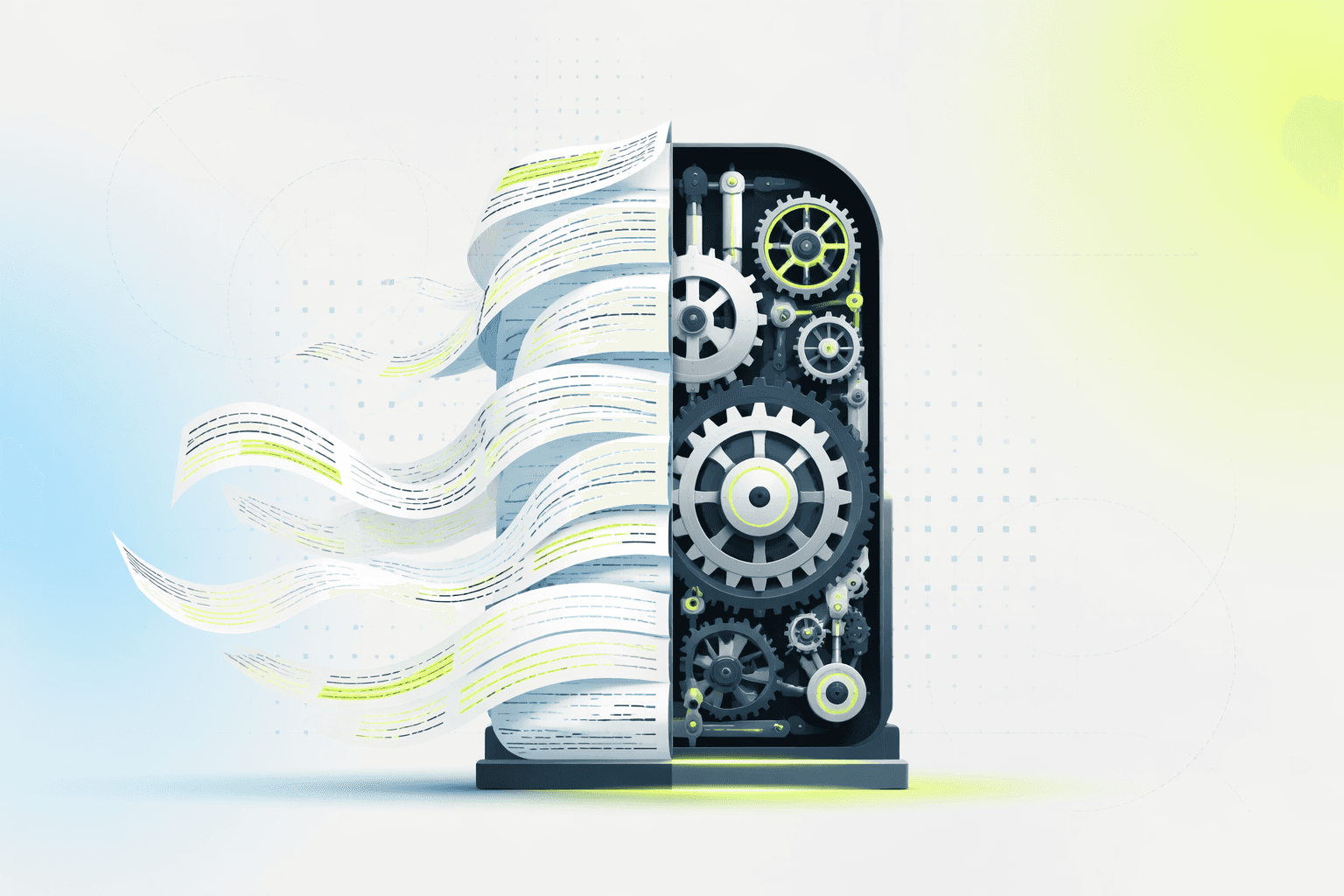 A split mechanism: an open book feeding into flowing script on one side, precise clockwork gears on the other