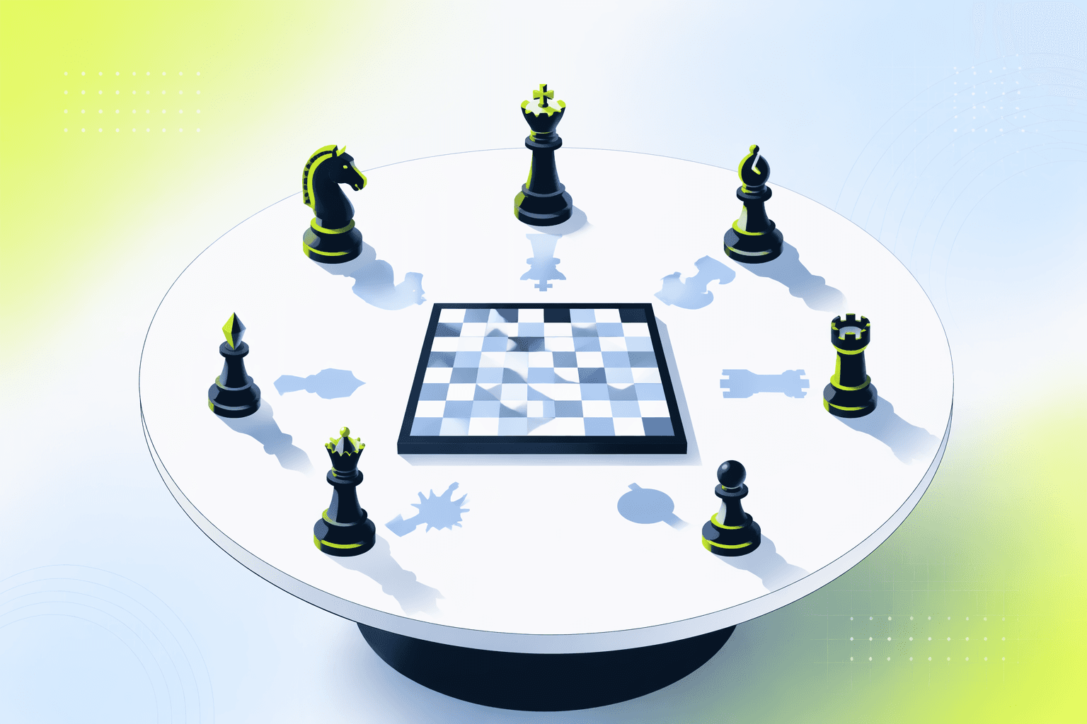 Round table of distinct chess pieces facing one board, each casting a differently shaped shadow