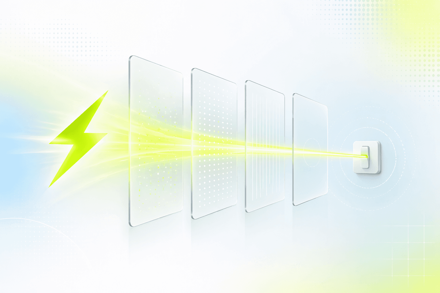 A lightning bolt passing through a series of filters before reaching a small, precise switch