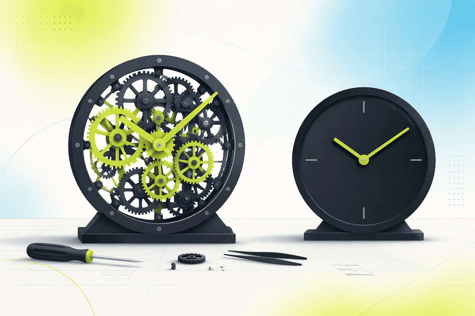 A workbench with an open clockwork mechanism, every gear exposed, next to a sealed finished clock