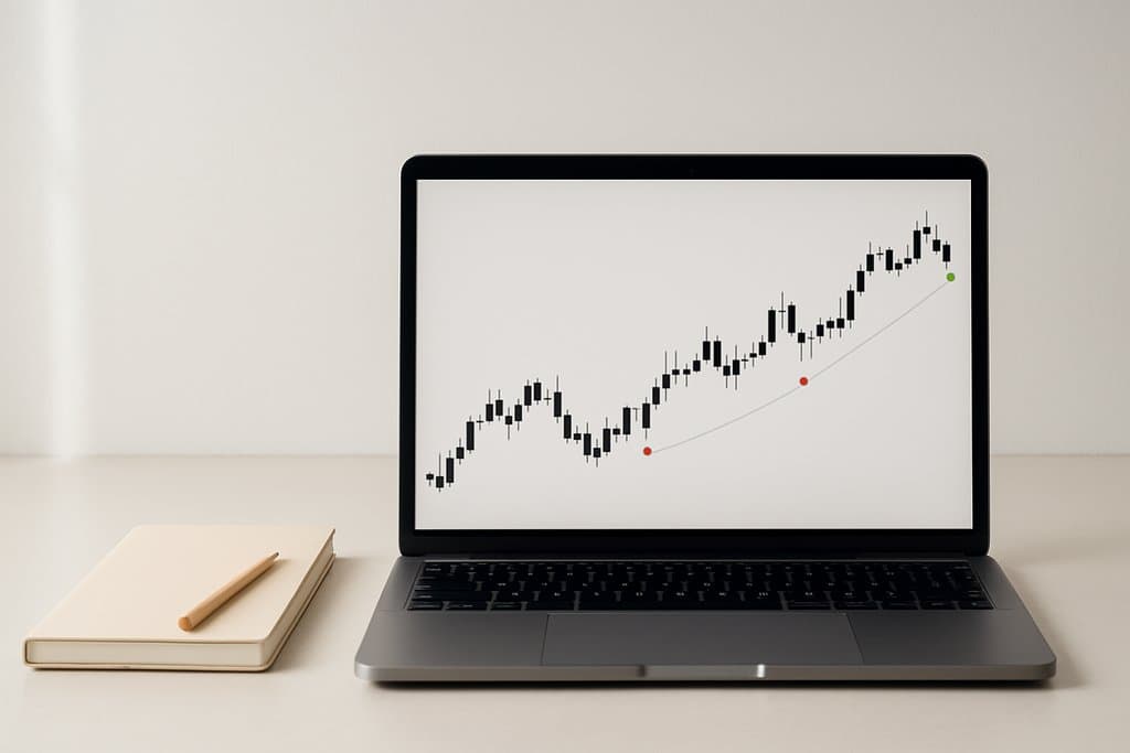Clean, minimalist workspace with a laptop on a light desk displaying a simple candlestick chart with translucent trade markers, beside a plain notebook.