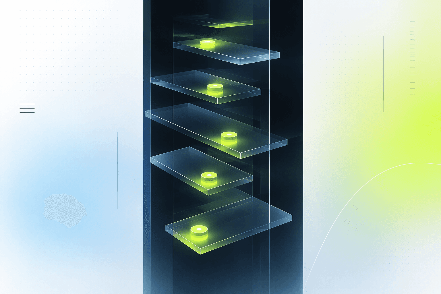 Stacked horizontal price shelves at different depths, each holding a resting order token, one glowing as price nears