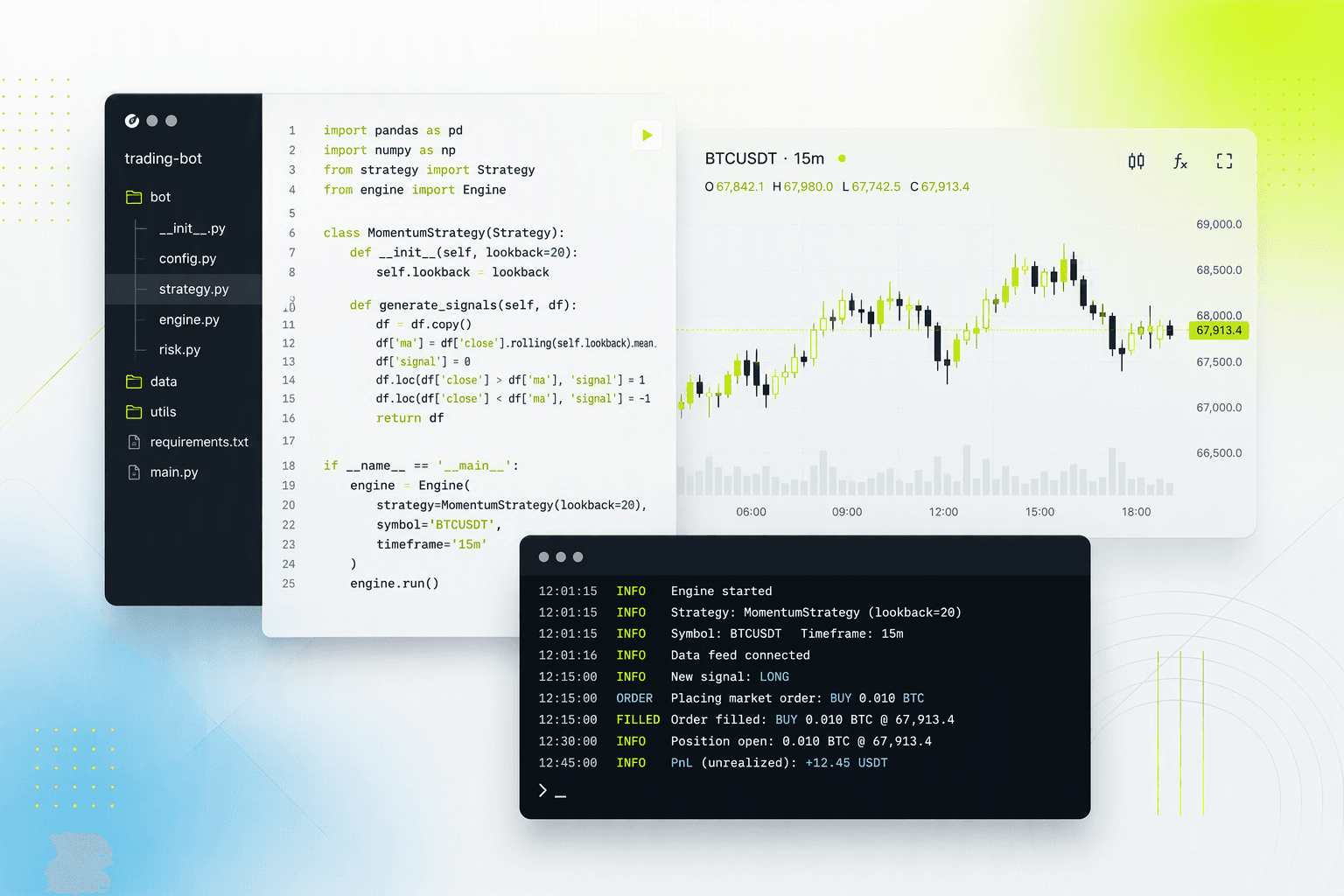 Python code editor with a candlestick chart and terminal running a trading bot