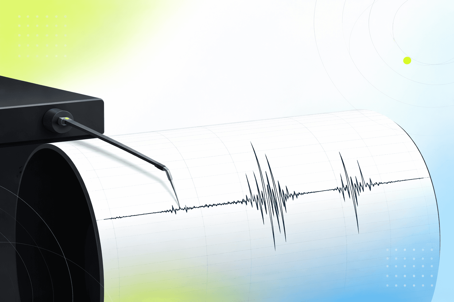 Seismograph needle tracing calm lines that erupt into violent swings on a scrolling paper feed