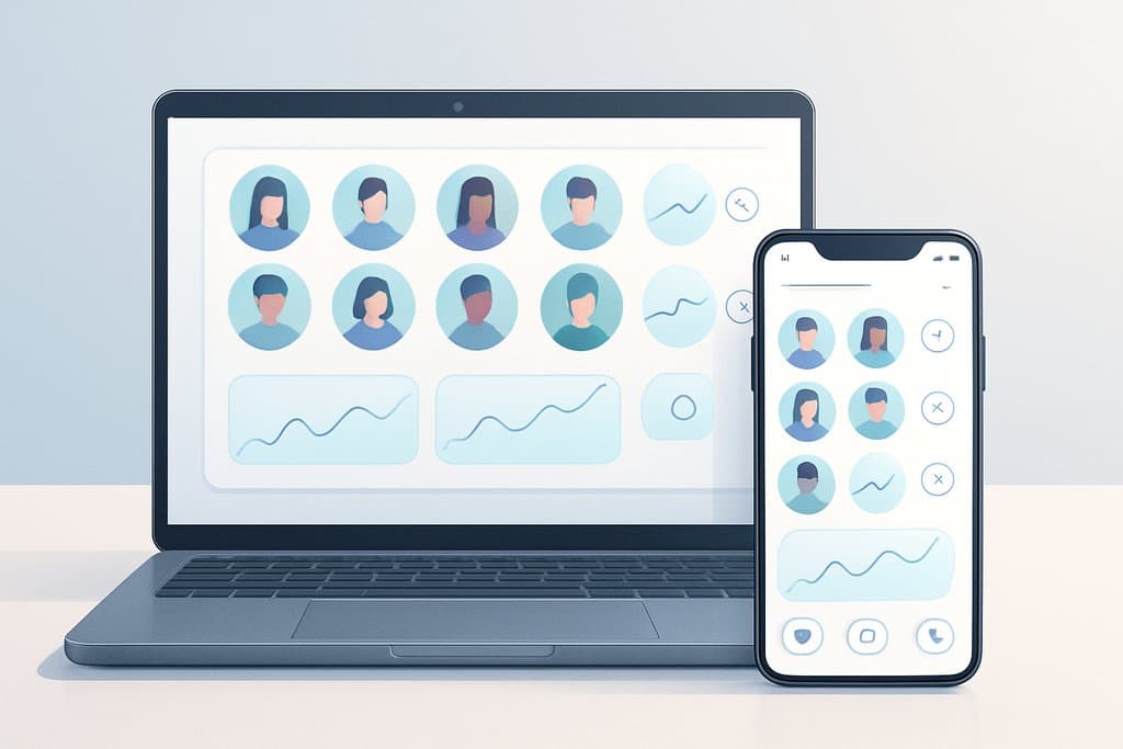 Saubere, moderne Fintech-Illustration einer Social-Trading-Plattform auf einem Laptop und einem Smartphone, die auf einem neutralen Schreibtisch liegen.