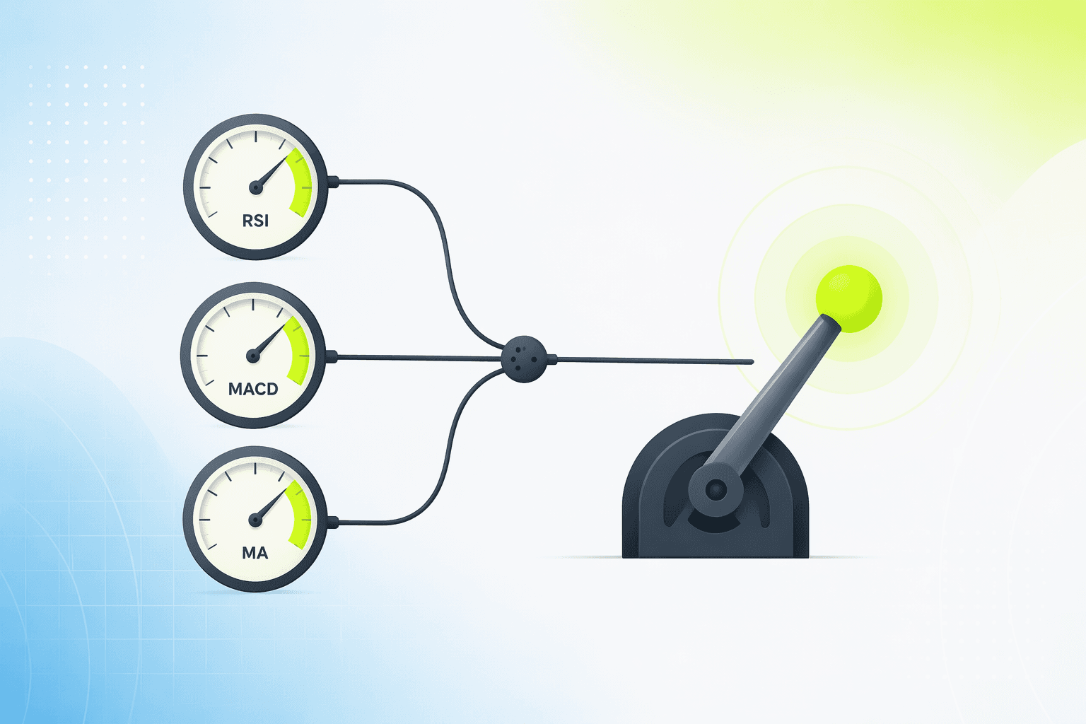 Three analog gauges feeding their needles into a single mechanical lever above a price chart