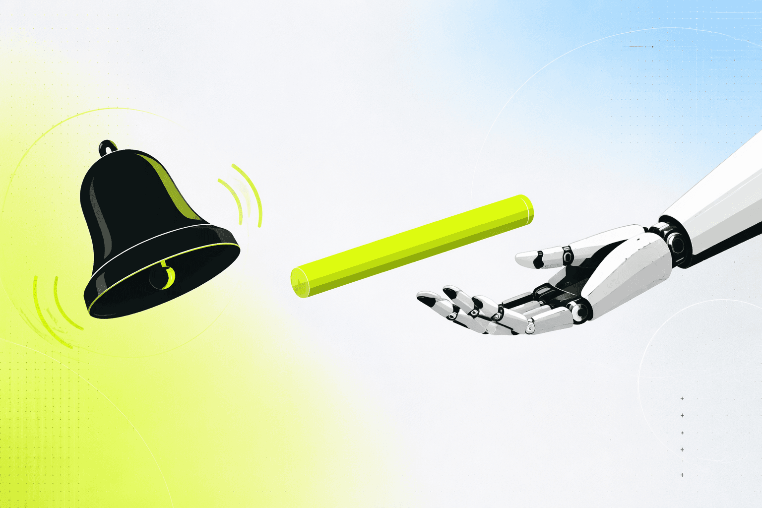 A relay race baton mid-handoff between a ringing bell and a mechanical arm, frozen at the exchange point