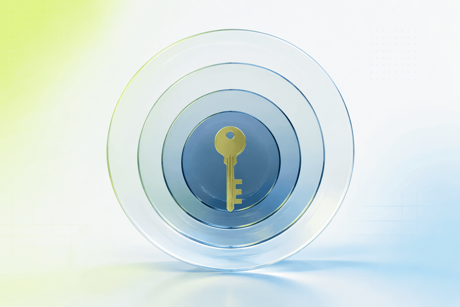 A single key suspended inside nested translucent rings, each ring filtering more light than the last