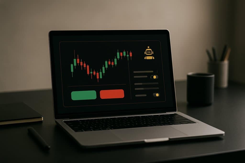 Minimalistische Arbeitsplatz-Szene: ein aufgeklappter Laptop auf einem sauberen, dunklen Schreibtisch zeigt eine Krypto-Trading-Oberfläche in einem schwarz-goldenen Design.
