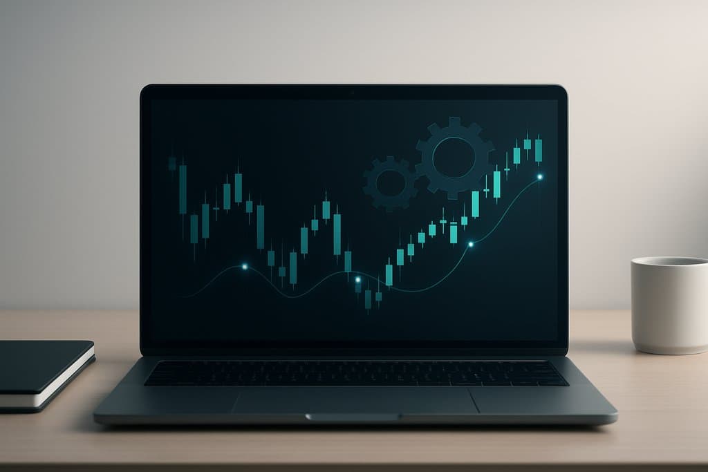 A clean, minimalist scene of a laptop on a tidy desk, screen displaying a simplified candlestick chart with a smooth line overlay and subtle trade markers.