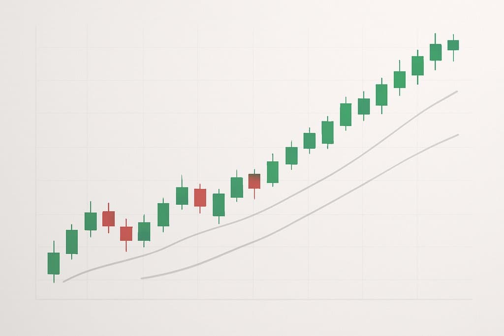 Ein klares, minimalistisches Candlestick-Chart mit einem deutlichen Aufwärtstrend: abwechselnd bullische (grüne) und bärische (rote) Kerzen mit Dochten, zwei sanfte gleitende Durchschnittslinien, die sich leicht unter dem Preis kreuzen, und schwache, unbeschriftete Achsen mit dezenten Gitterlinien.