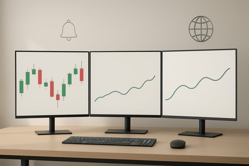 Minimalist scene of a modern trading desk in soft daylight: a single sleek monitor array (three thin-bezel screens) displaying simplified market visuals only—clean green and red candlestick shapes and a smooth line chart with a gentle spike—no numbers or letters.