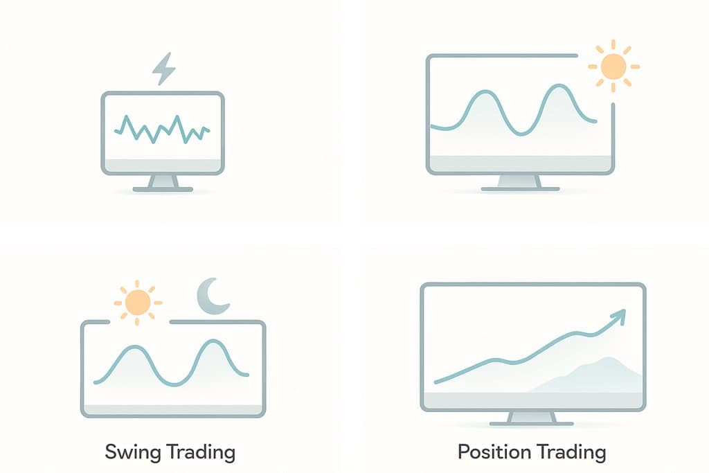 Ilustración minimalista de cuatro paneles que muestra tipos comunes de trading, cada uno con fondo blanco limpio y una línea de gráfico de color suave.
