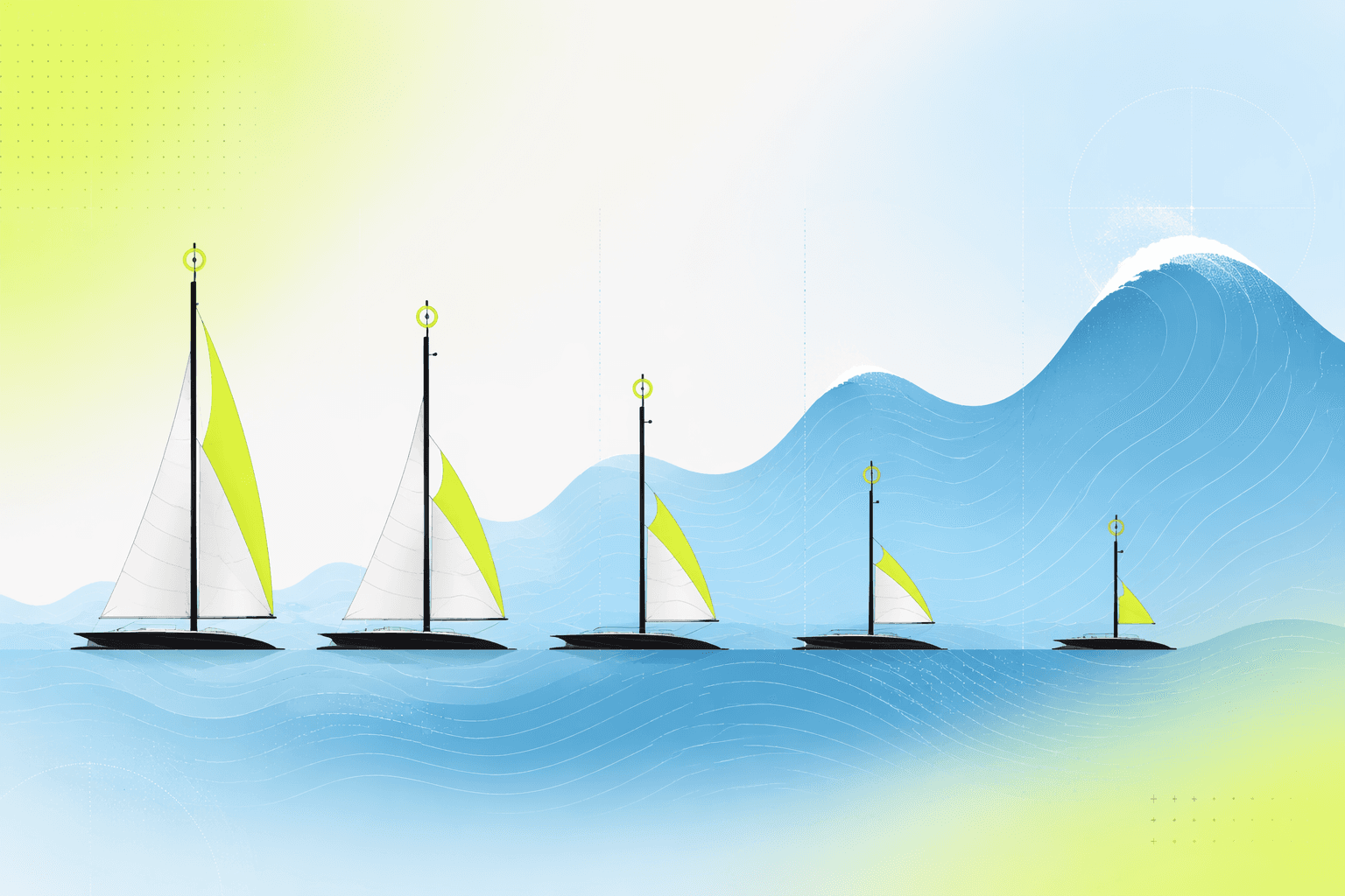 A row of sails on identical masts, each reefed to a different size against waves of increasing height