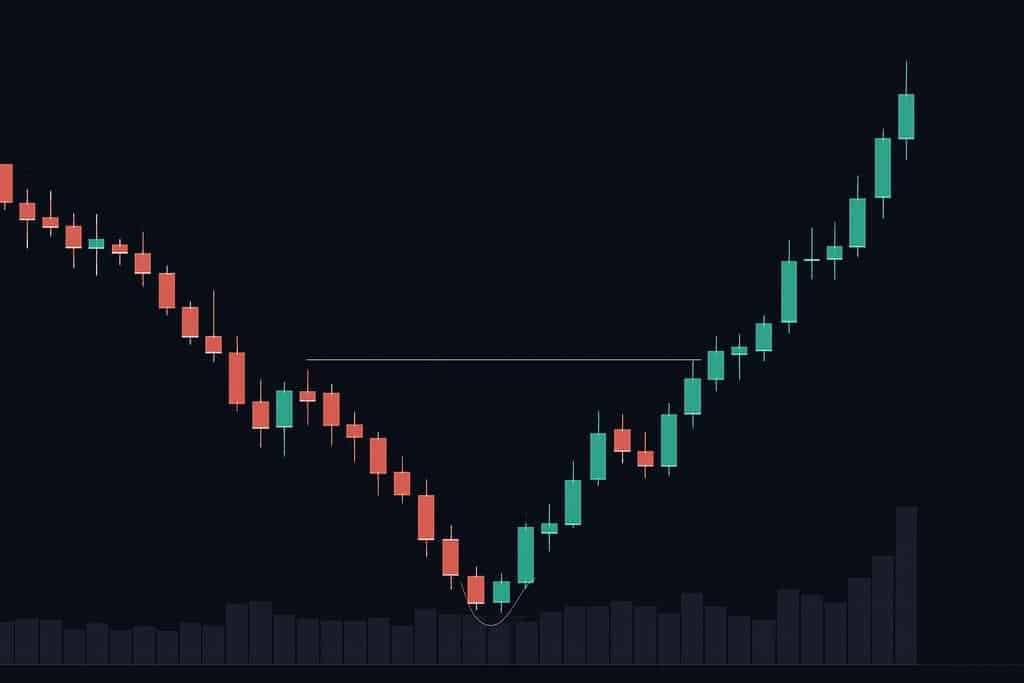 Minimalist dark candlestick chart showing a clear double-bottom W pattern with two distinct troughs and a strong bullish breakout candle.