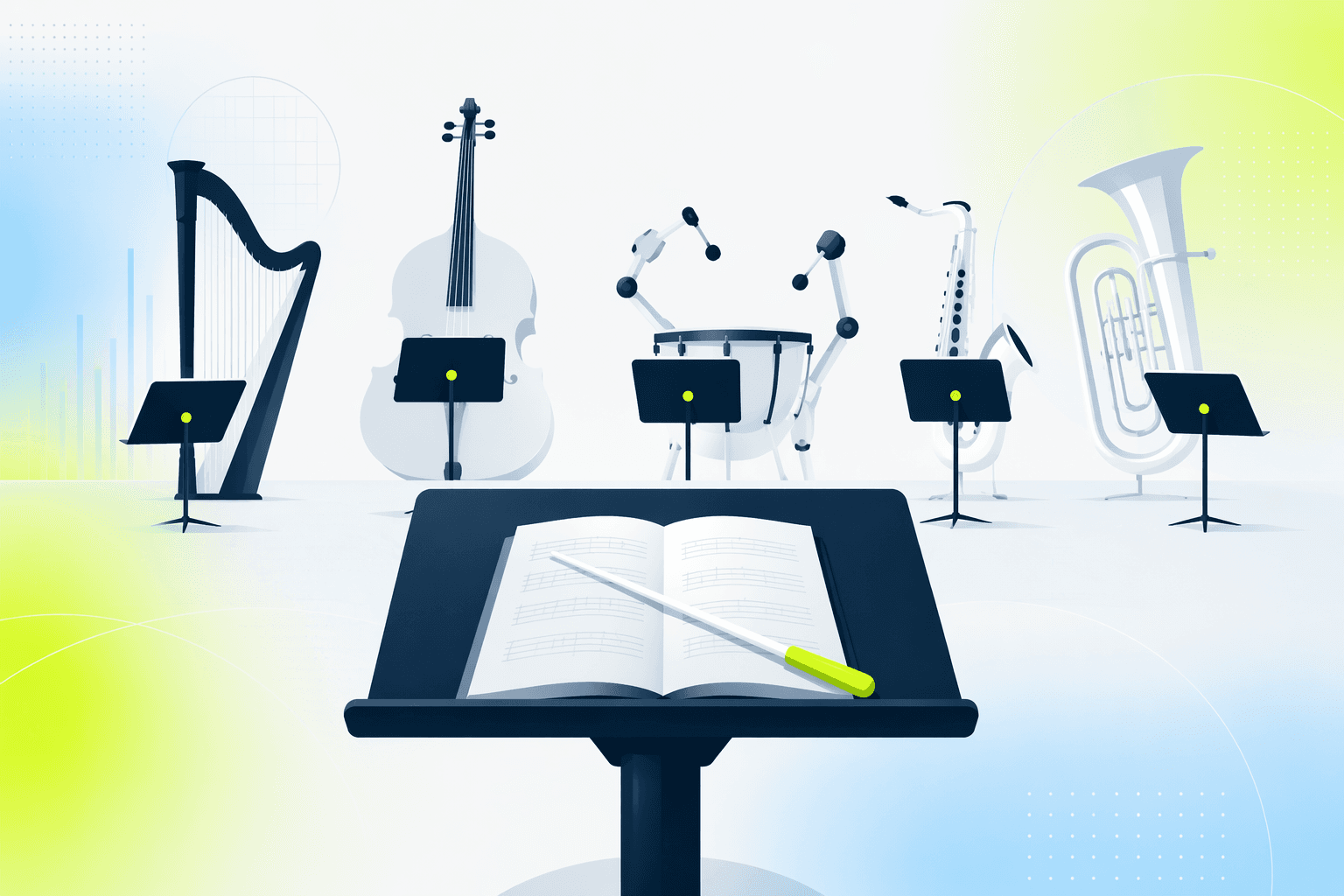 An empty conductor's podium with a baton resting on an open score, facing rows of self-playing instruments