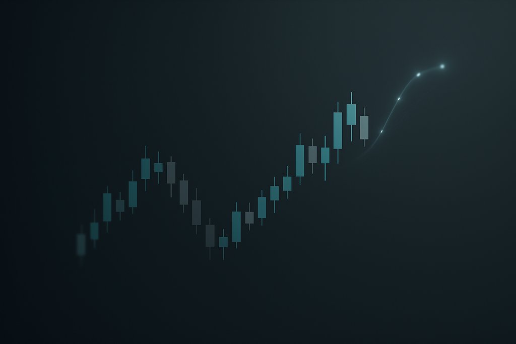 Minimalist dark-theme trading screen close-up: a clean candlestick chart in muted teal and gray with a smooth, semi-transparent prediction curve gently projecting forward from the latest candles; small, subtle glow points along the curve hint at neural network inference; soft vignette, lots of negative space, no axes, no labels, no numbers, no text, no logos; sleek, modern UI aesthetic with crisp lines and restrained color palette.
