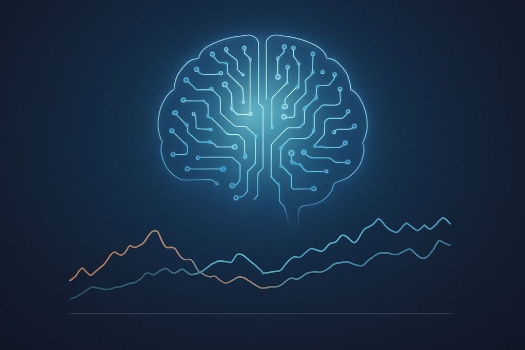 Abstract concept of AI analyzing markets: a translucent circuit-pattern brain silhouette hovering above a simple, gridless line chart with two or three thin lines in distinct but muted colors showing different asset price paths; gentle gradient background (midnight blue to charcoal), soft rim lighting on the brain shape; composition centered and uncluttered, no text, no digits, no icons, no brand marks.
