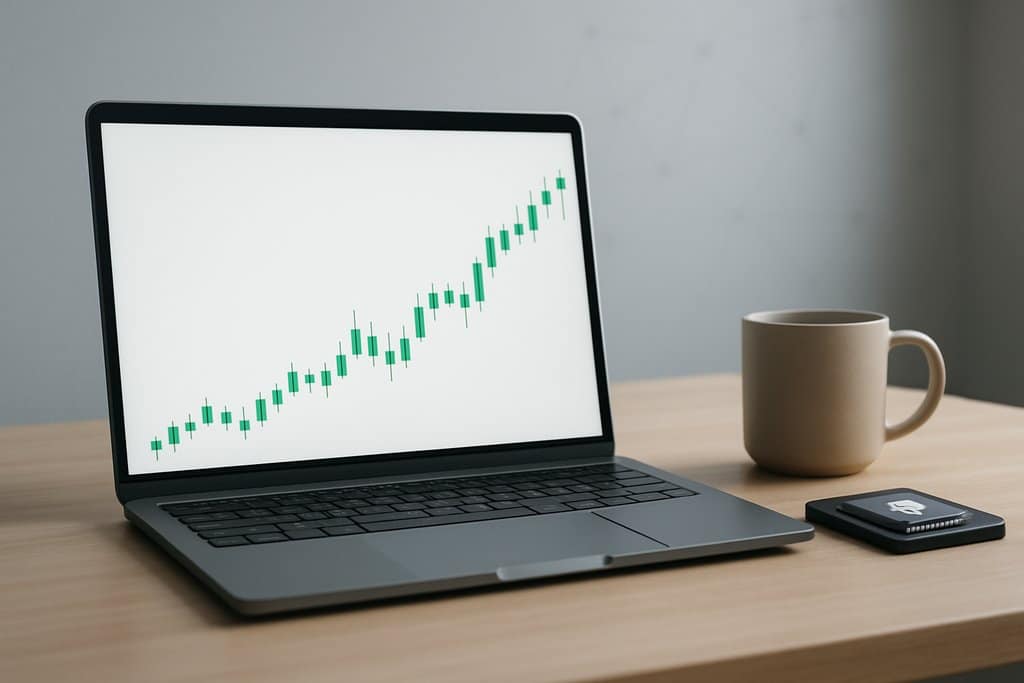 Clean, minimalist photo-style scene of a modern workspace: a sleek laptop on a light wood desk displays a simplified green-and-white candlestick chart trending upward, with no labels or numbers.