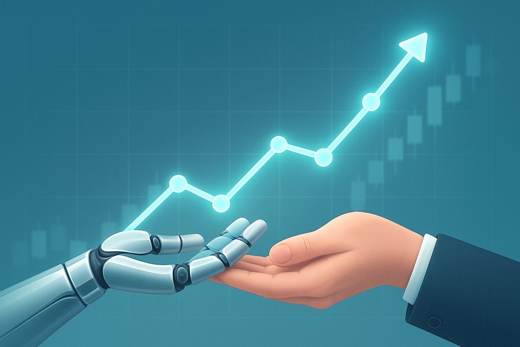 Conceptual illustration blending AI and market growth: a smooth metallic robotic hand and a human hand together supporting a glowing, translucent upward-trending line made of connected nodes.