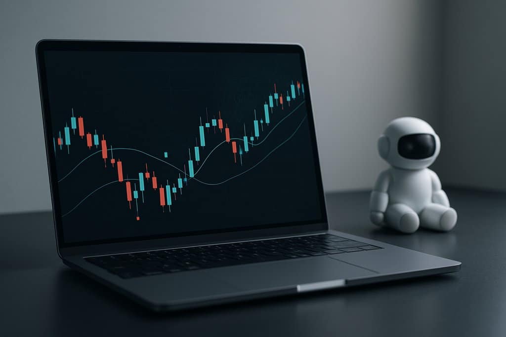 Photorealistic, minimalist workstation scene: a sleek, thin laptop on a clean matte-black desk in soft cool lighting, displaying a dark-mode crypto candlestick chart with teal and red candles, two smooth moving-average lines, and small glowing arrow markers indicating automated trades; a faint, translucent neural-network mesh subtly overlays part of the chart to imply AI analysis.