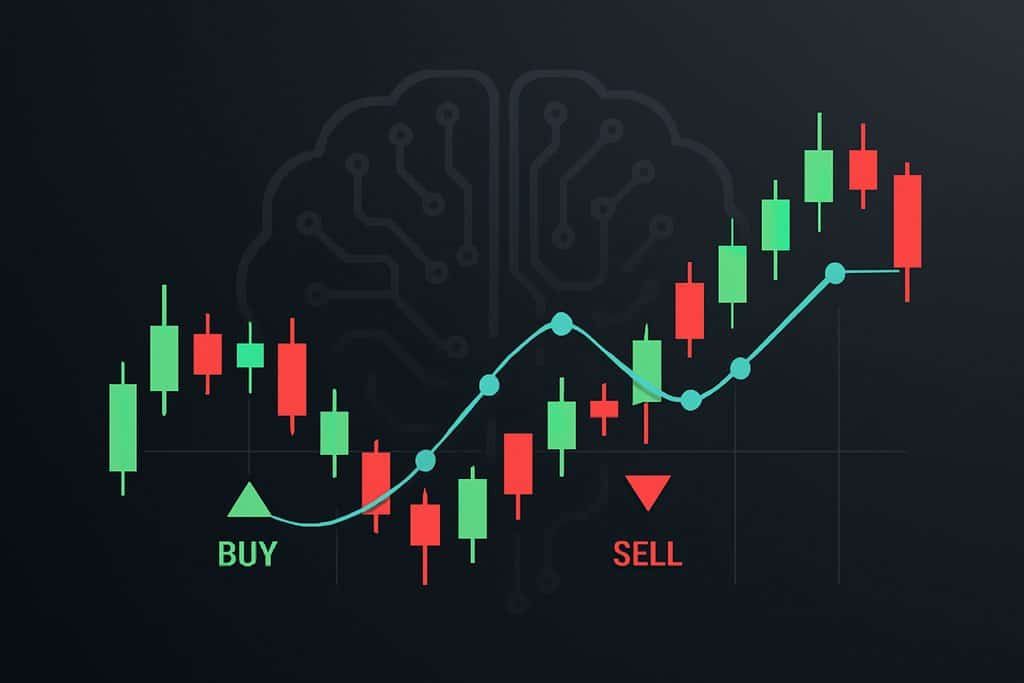 Clean vector-style illustration on a dark, gradient background: a simple crypto candlestick grid with evenly spaced vertical candles (green for up, red for down), a soft cyan algorithmic path weaving through the candles as connected nodes, and minimal buy/sell markers represented only by small colored triangles and circles.