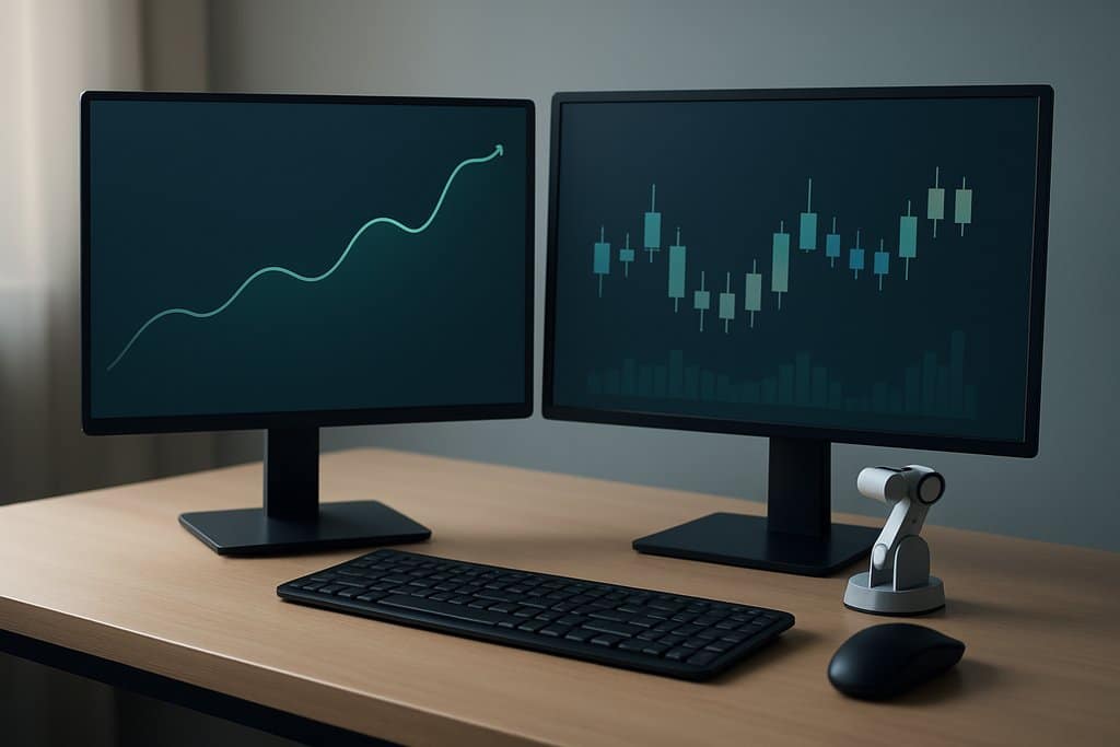 Photorealistic clean trading desk with dual monitors in a softly lit environment.