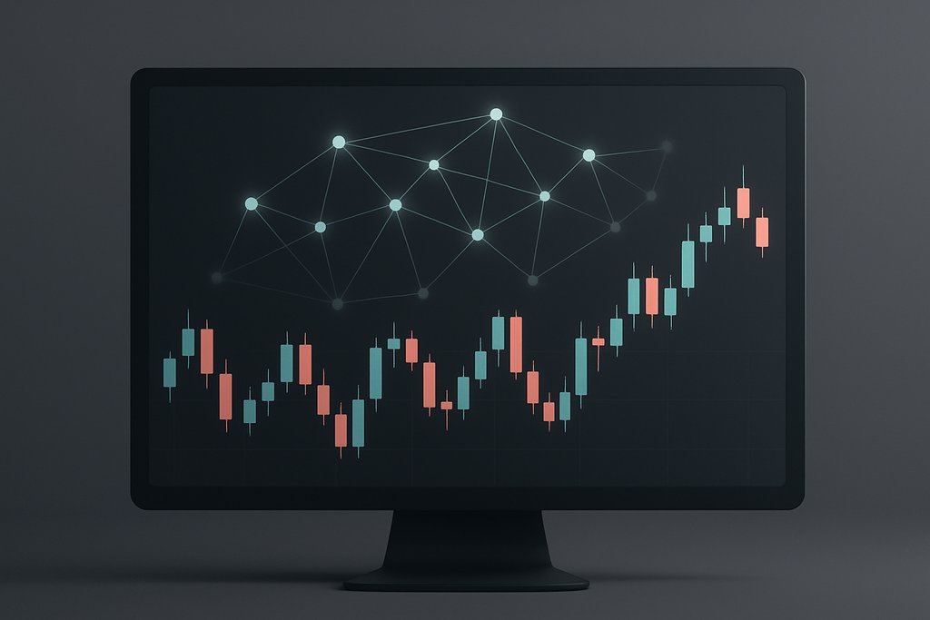 A clean, minimalist illustration of an AI-driven trading screen: a dark, uncluttered monitor displaying a simple candlestick price chart in soft green and red, with a subtle translucent overlay of interconnected neural network nodes and lines floating above the chart.