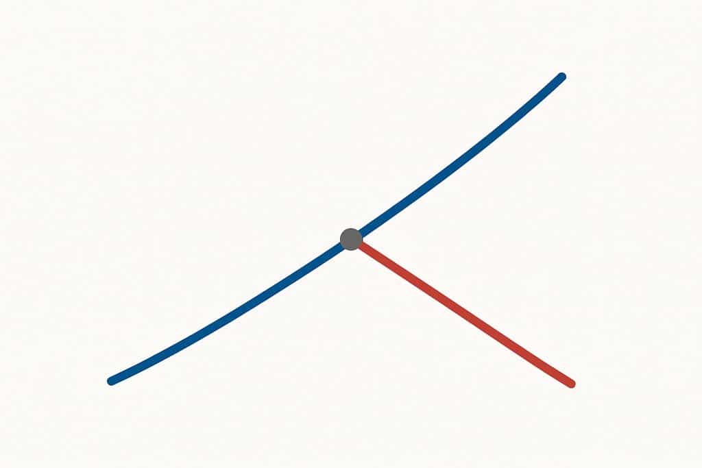 A simple, high-contrast image on a light background showing two smooth payoff curves: one gently rising and the other gently falling, intersecting at a central point to imply strike.