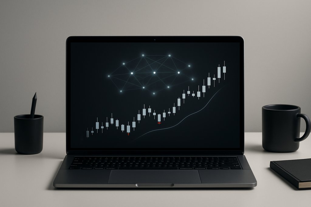 Minimalist, high-contrast desktop scene showing a sleek laptop on a clean desk with a dark-mode screen displaying a simplified candlestick chart and a smooth trend line, no axes or numbers.