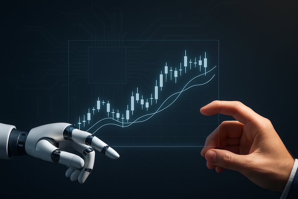 Close-up of a robotic hand and a human hand side by side, both hovering over a transparent, floating line chart with a few candlestick elements and gentle moving averages, all stylized without labels or digits.