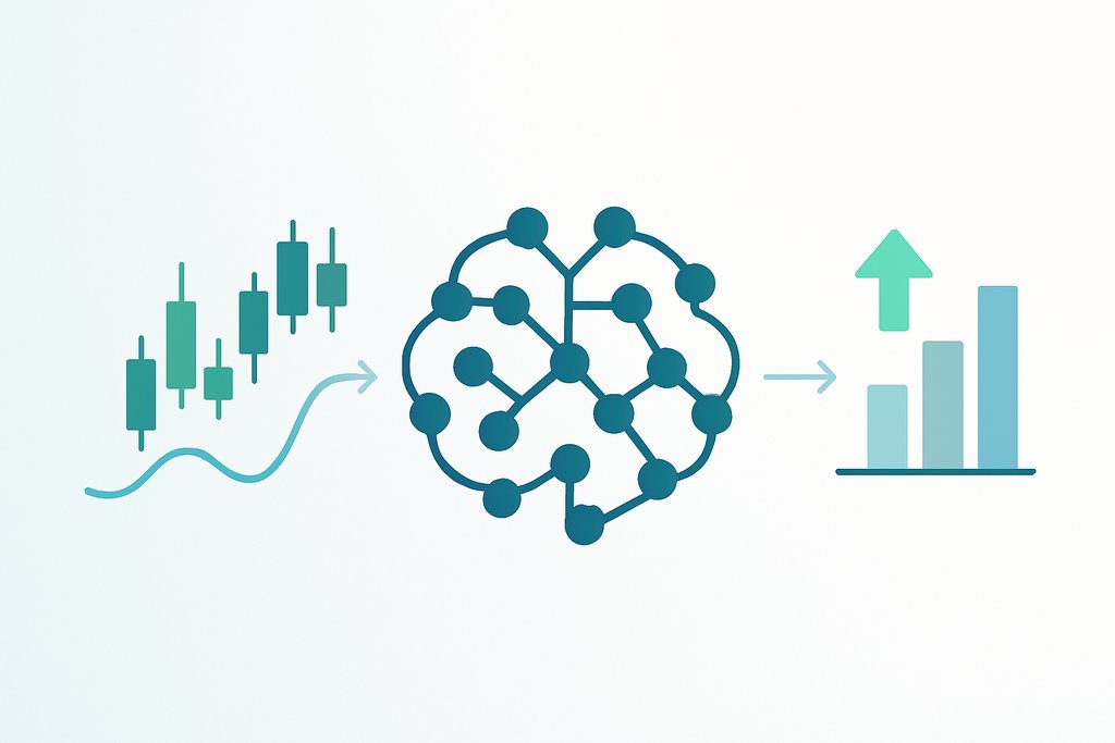 A simple flat-vector illustration showing the concept flow of an AI trading bot: on the left, a clean cluster of stylized candlesticks and a wave-like price line representing market data; in the center, an abstract AI brain made of connected nodes; on the right, a minimal chart with upward and downward arrows indicating order execution.