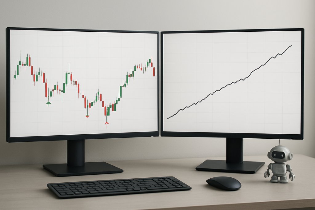 A clean dual-monitor setup illustrating AI-driven backtesting: the left screen shows a minimal historical price chart with a few clear entry and exit markers (simple green and red dots/arrows) placed on candlesticks; the right screen shows a smooth, unlabeled equity curve line trending across a blank grid.