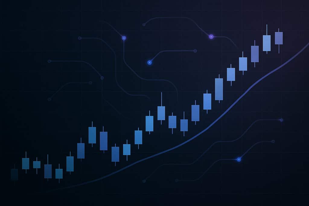 A minimalist close-up of a trading chart: bold candlestick bars and a single smooth trend line on a dark grid, overlaid with a translucent circuit pattern forming gentle arcs and nodes to imply machine learning.