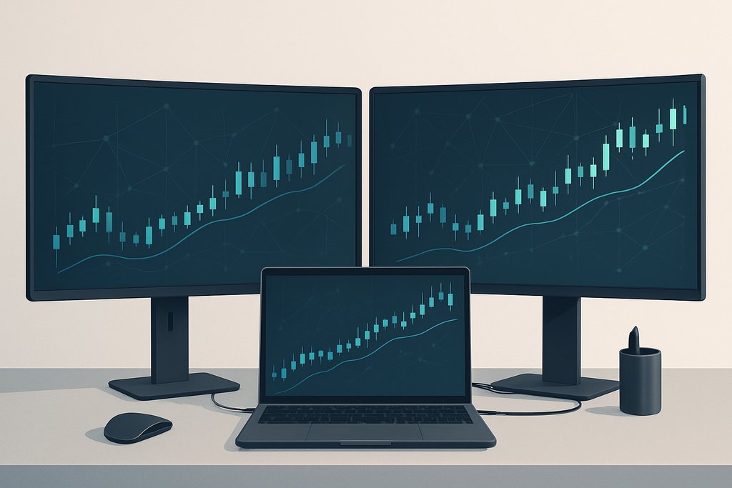 Minimal, modern illustration of an algorithmic trading workstation: a clean desk with a slim laptop connected to two ultra-wide monitors.
