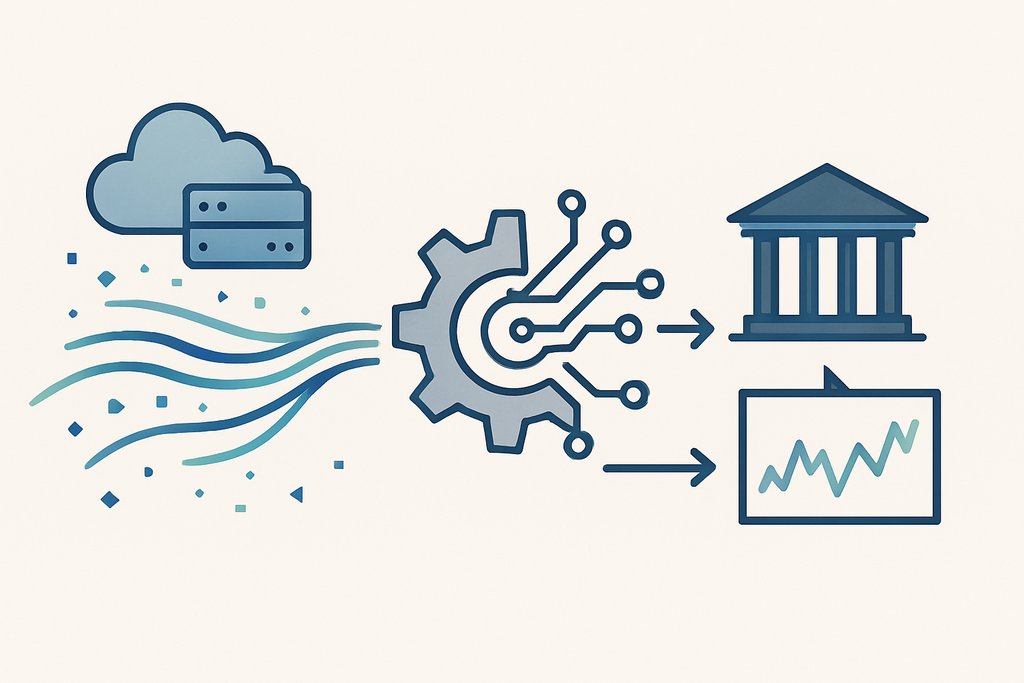 Simple, clean concept image showing the algorithmic trading pipeline: on the left, abstract data streams represented by flowing colored lines and small geometric particles emerging from cloud and server icons; in the center, a stylized metallic gear intertwined with circuit traces symbolizing the trading algorithm; on the right, arrows leading to a minimalist exchange building silhouette and a simplified price chart panel.