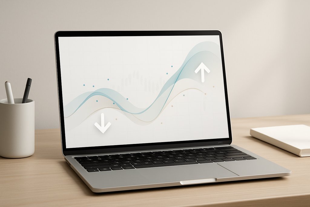 Clean light-theme 3D render of a modern laptop on a tidy desk, screen displaying an abstract market visualization: smooth flowing lines and dots converging into simple up and down arrow icons over a faint candlestick grid.