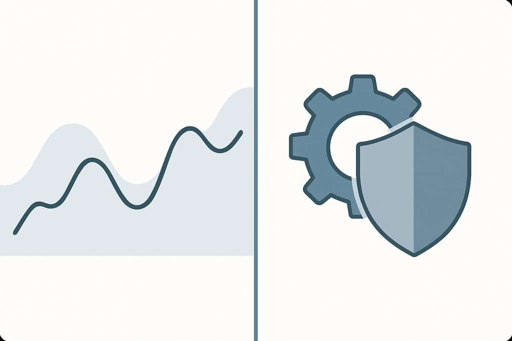 Flat vector split-panel concept: left panel shows a simple price line gently rising and falling with two softly shaded segments to suggest backtesting periods; right panel shows a stylized gear intertwined with a shield to represent automation and risk controls.