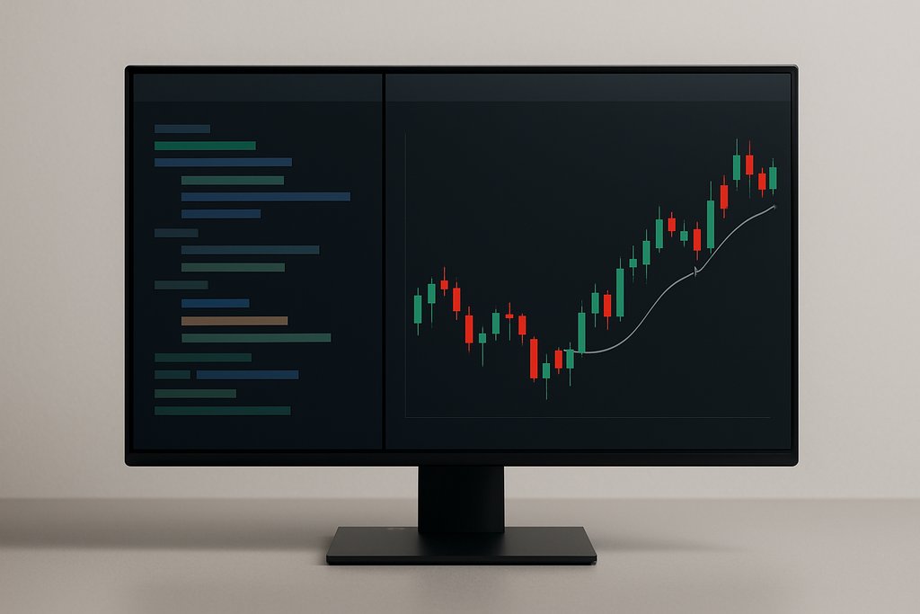 Minimal clean scene of a modern darkmode algorithmic trading platform interface on a single monit...