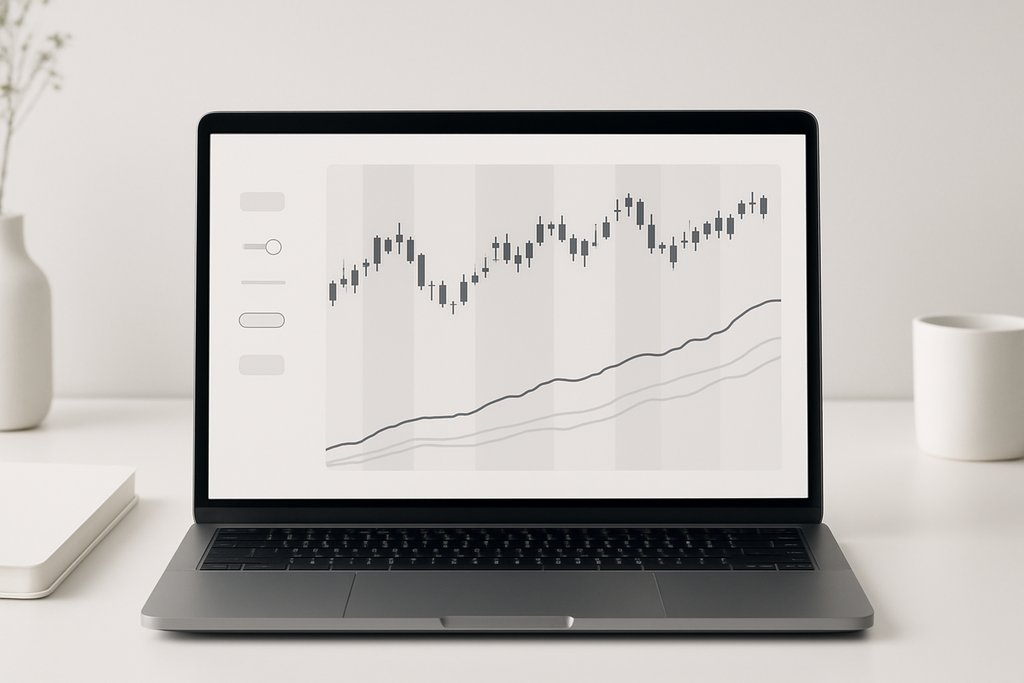 Simple backtesting view on a laptop screen in a bright, minimal workspace.