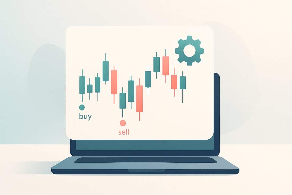 Minimalist vector illustration of an automated trading setup: a sleek laptop on a clean desk with a floating, simplified candlestick chart displayed on the screen.