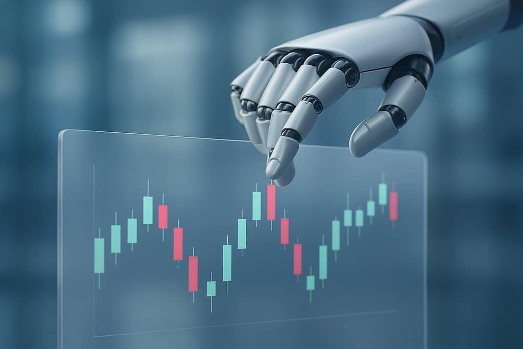 Photorealistic scene of a robotic hand hovering above a large transparent panel showing a simplified candlestick chart, as if placing an automated trade.