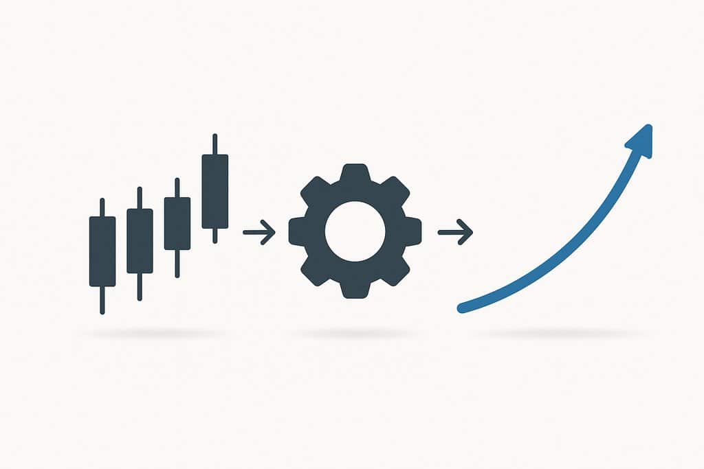 Clean, modern conceptual graphic showing the flow from market data to automated execution: on the left, a simple cluster of candlestick shapes; in the center, a subtle gear symbol; on the right, a smooth ascending equity curve line.