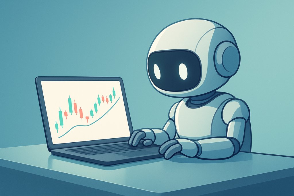 Minimalist, modern illustration of a compact trading robot seated at a clean desk, operating a laptop that displays a simple candlestick chart and a smooth trend line without any labels or numbers.
