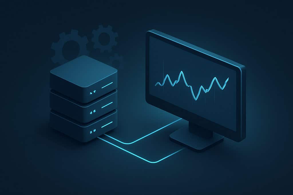 Isometric scene showing an automated trading workflow: a small stack of servers on the left connected by thin glowing lines to a desktop monitor on the right.