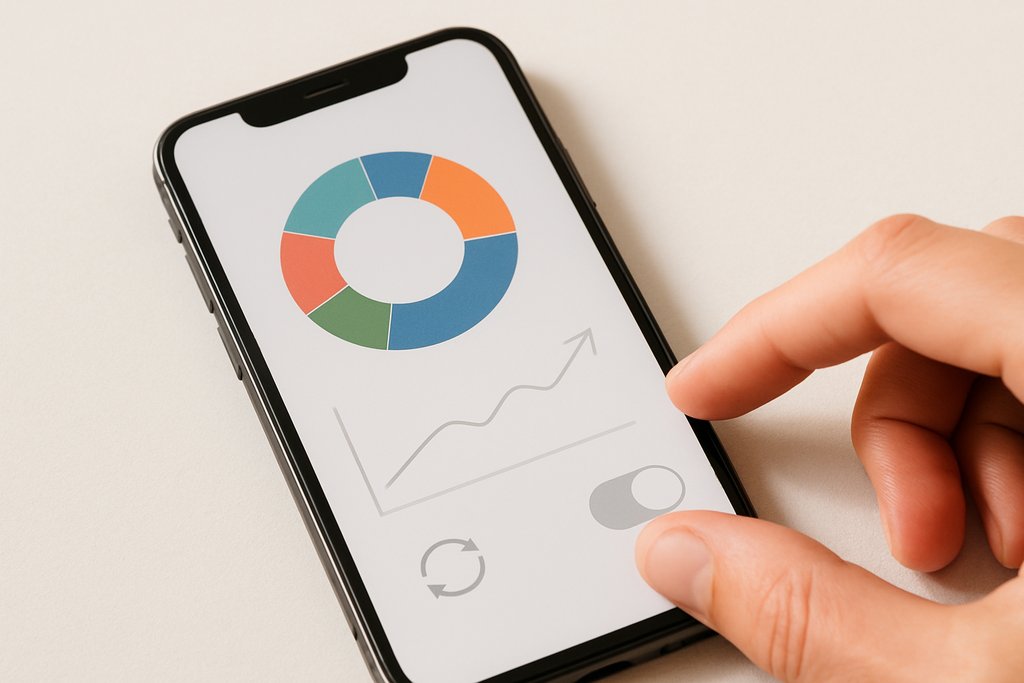 Close-up of a modern smartphone on a neutral background displaying a minimalist investment app dashboard: a large colorful pie chart for portfolio allocation, a simple upward-trending line graph, and a small circular arrows icon suggesting auto-invest is active.