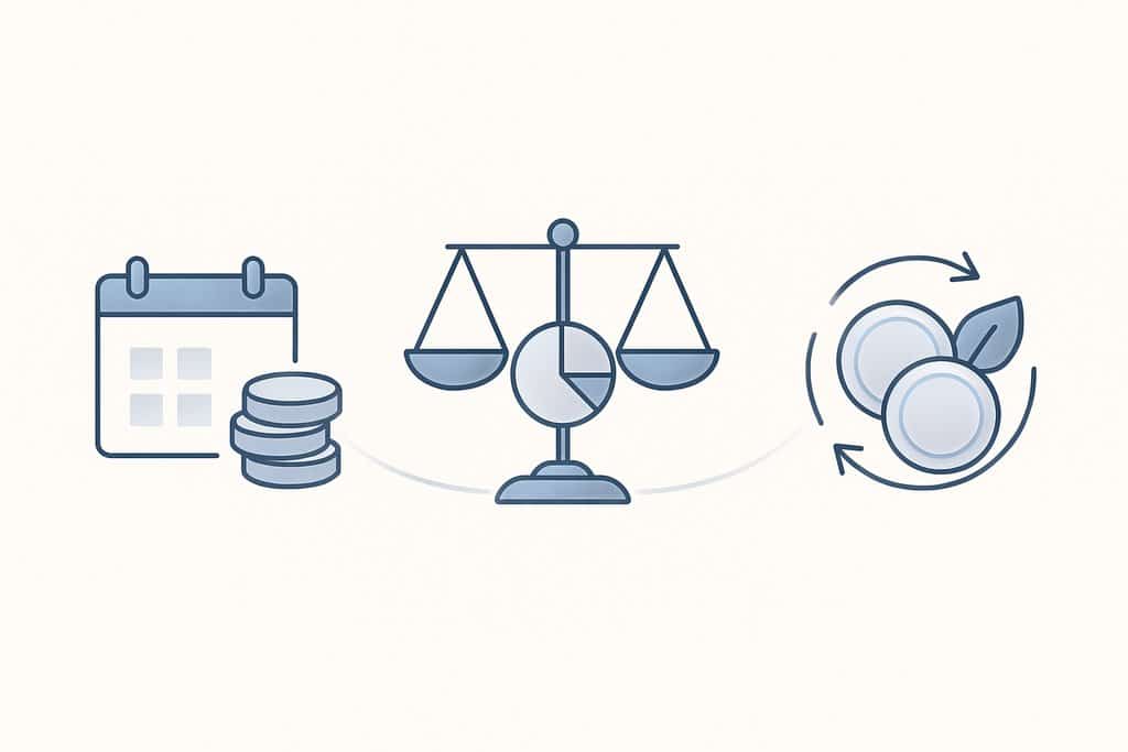 Clean, simple illustration of an automation workflow: three floating minimalist icons connected by faint curved lines on a light background.